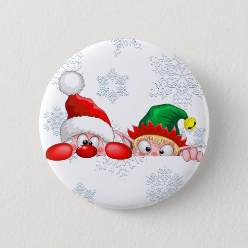 Santa and Elf Cute and funny Characters Peeking   Button