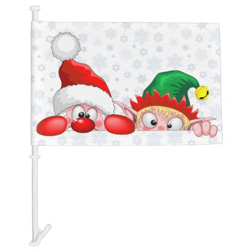 Santa and Elf Cute and funny Characters Peeking   Car Flag
