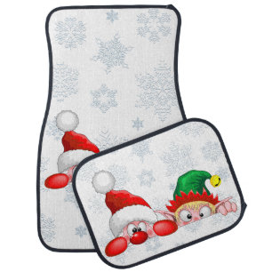 Santa and Elf Cute and funny Characters Peeking  Car Floor Mat