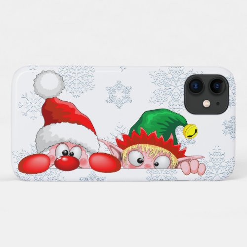 Santa and Elf Cute and funny Characters Peeking  iPhone 11 Case
