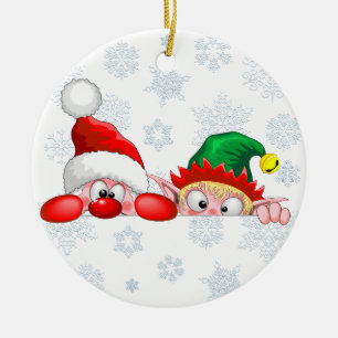 Santa and Elf Cute and funny Characters Peeking Ceramic Ornament
