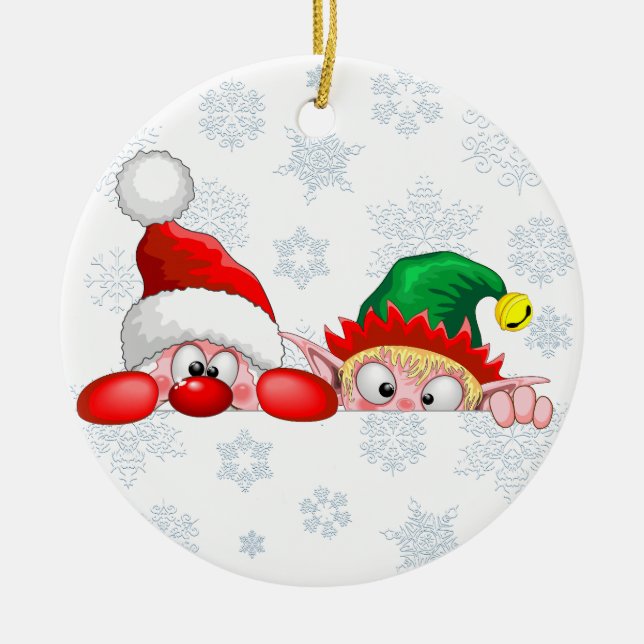 Santa and Elf Cute and funny Characters Peeking   Ceramic Ornament (Front)