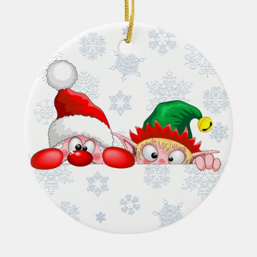 Santa and Elf Cute and funny Characters Peeking   Ceramic Ornament