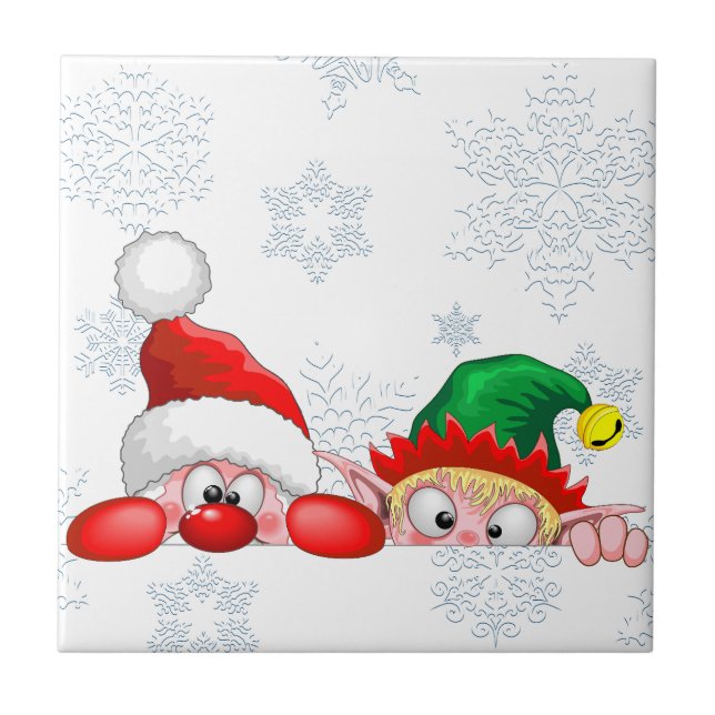 Santa and Elf Cute and funny Characters Peeking  Ceramic Tile (Front)