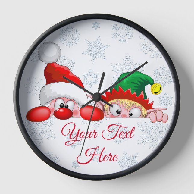 Santa and Elf Cute and funny Characters Peeking   Clock (Front)