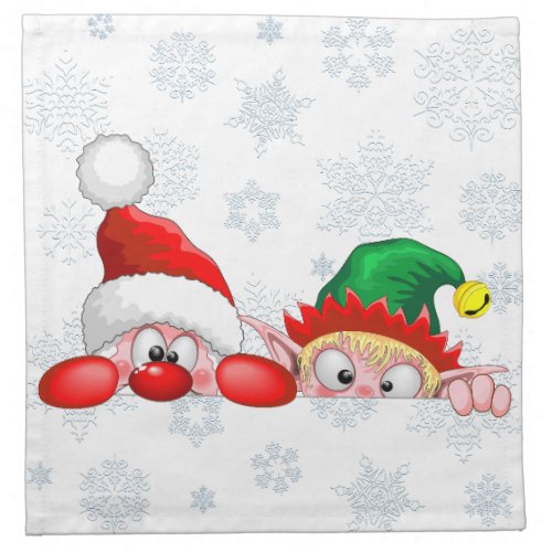 Santa and Elf Cute and funny Characters Peeking  Cloth Napkin