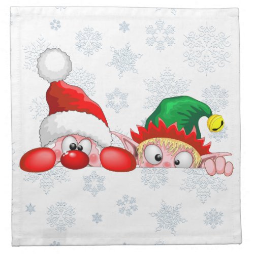 Santa and Elf Cute and funny Characters Peeking  Cloth Napkin