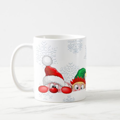Santa and Elf Cute and funny Characters Peeking   Coffee Mug