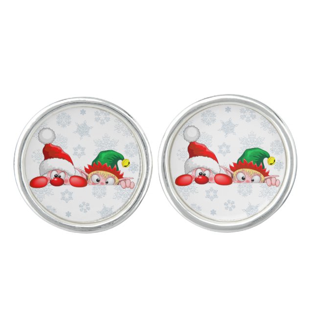 Santa and Elf Cute and funny Characters Peeking  Cufflinks (Front)