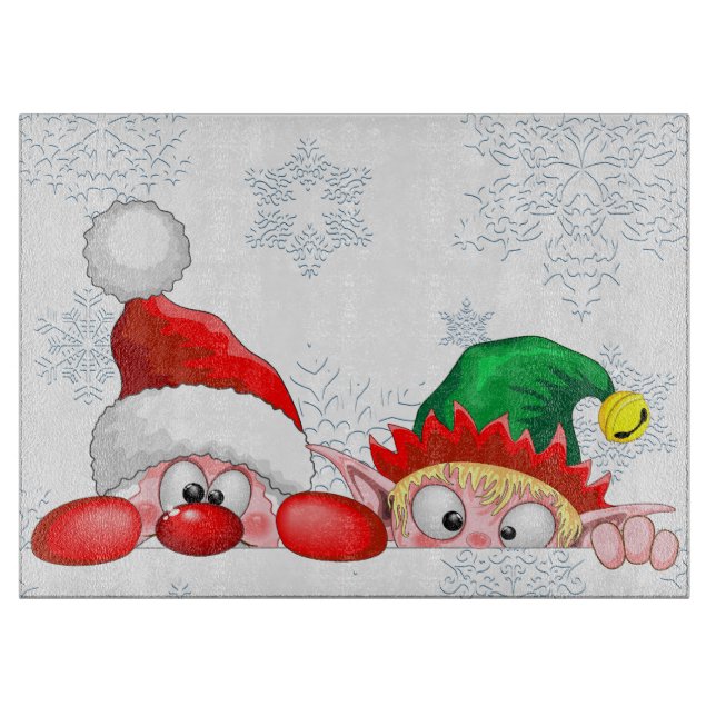 Santa and Elf Cute and funny Characters Peeking  Cutting Board (Front)