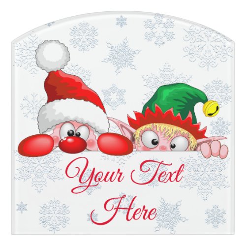 Santa and Elf Cute and funny Characters Peeking   Door Sign