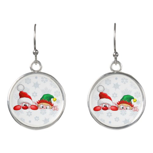 Santa and Elf Cute and funny Characters Peeking  Earrings