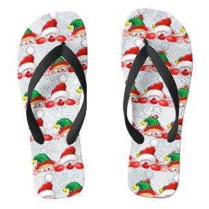 Santa and Elf Cute and funny Characters Peeking Flip Flops