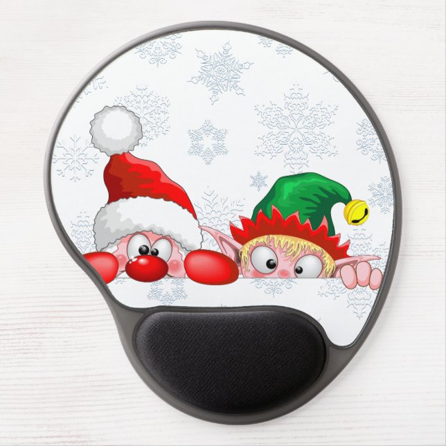 Santa and Elf Cute and funny Characters Peeking  Gel Mouse Pad (Front)
