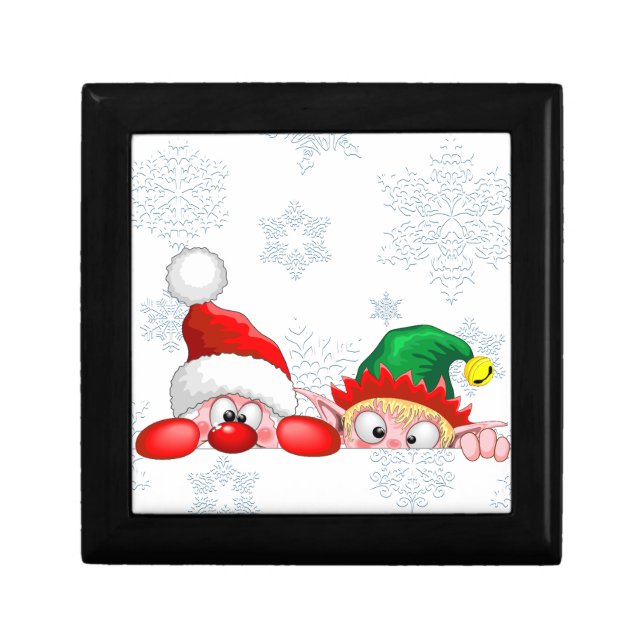 Santa and Elf Cute and funny Characters Peeking  Gift Box (Front)