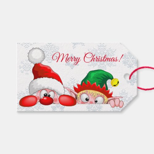 Santa and Elf Cute and funny Characters Peeking   Gift Tags