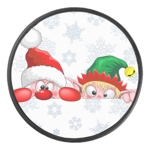 Santa and Elf Cute and funny Characters Peeking  Hockey Puck