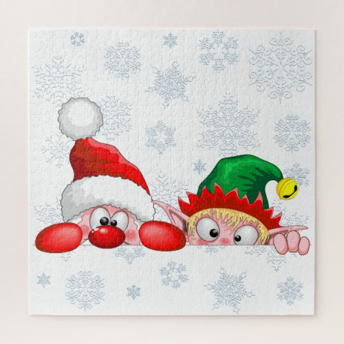 Santa and Elf Cute and funny Characters Peeking  Jigsaw Puzzle