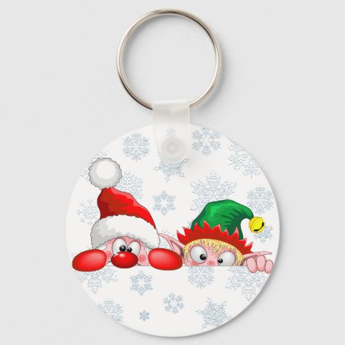 Santa and Elf Cute and funny Characters Peeking  Keychain