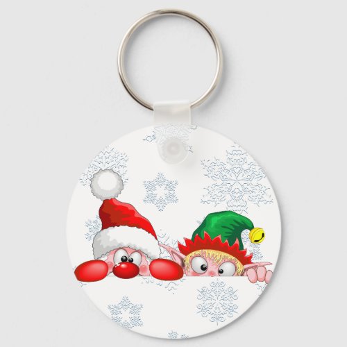 Santa and Elf Cute and funny Characters Peeking   Keychain