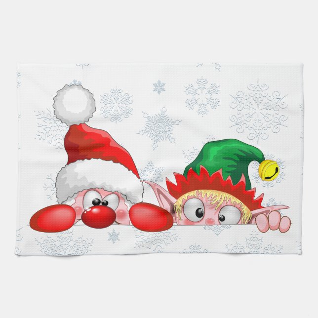 Santa and Elf Cute and funny Characters Peeking   Kitchen Towel (Horizontal)
