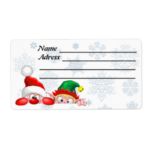 Santa and Elf Cute and funny Characters Peeking  Label