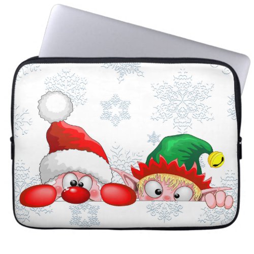 Santa and Elf Cute and funny Characters Peeking  Laptop Sleeve