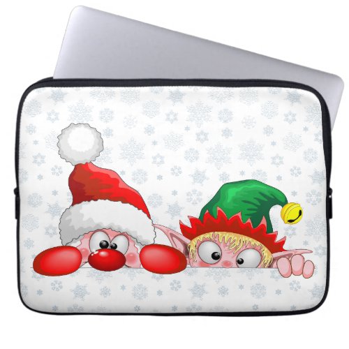Santa and Elf Cute and funny Characters Peeking   Laptop Sleeve