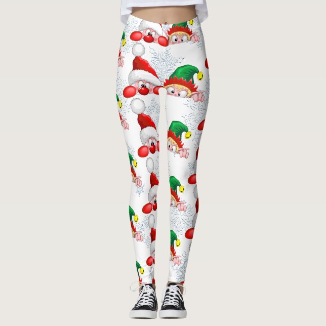 Santa and Elf Cute and funny Characters Peeking  Leggings (Front)