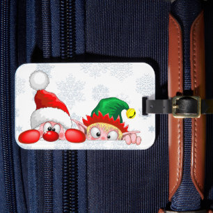 Santa and Elf Cute and funny Characters Peeking Luggage Tag