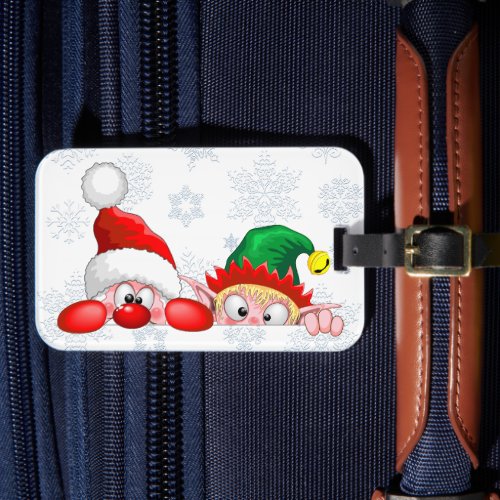 Santa and Elf Cute and funny Characters Peeking   Luggage Tag