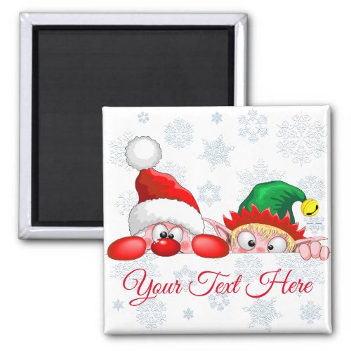 Santa and Elf Cute and funny Characters Peeking   Magnet