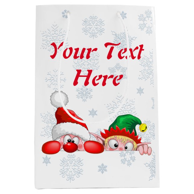 Santa and Elf Cute and funny Characters Peeking  Medium Gift Bag (Front)
