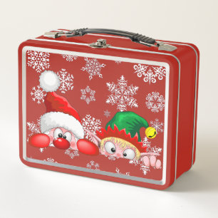 Santa and Elf Cute and funny Characters Peeking Metal Lunch Box