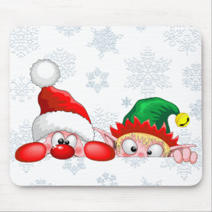 Santa and Elf Cute and funny Characters Peeking Mouse Pad