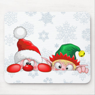 Santa and Elf Cute and funny Characters Peeking  Mouse Pad