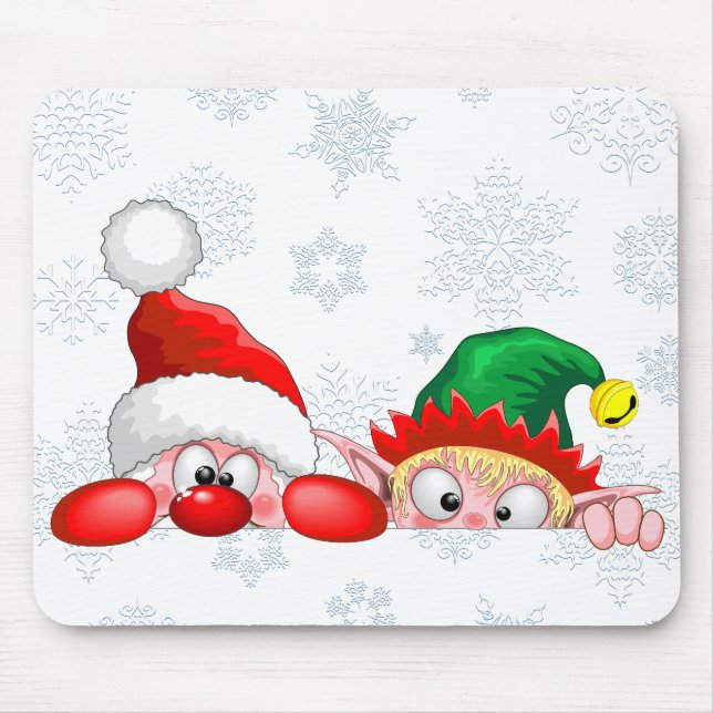 Santa and Elf Cute and funny Characters Peeking  Mouse Pad (Front)