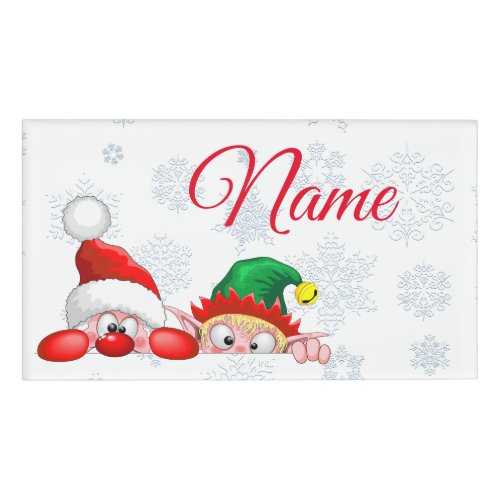 Santa and Elf Cute and funny Characters Peeking   Name Tag