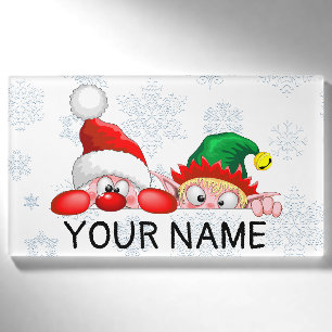 Santa and Elf Cute and funny Characters Peeking Name Tag