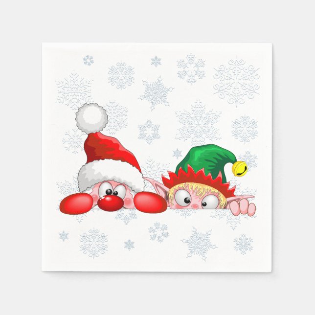 Santa and Elf Cute and funny Characters Peeking  Napkins (Front)