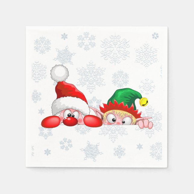 Santa and Elf Cute and funny Characters Peeking   Napkins (Front)