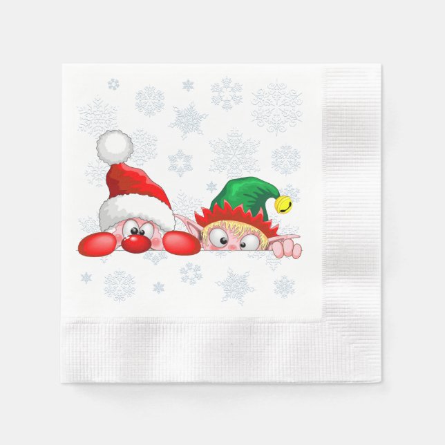 Santa and Elf Cute and funny Characters Peeking  Napkins (Front)
