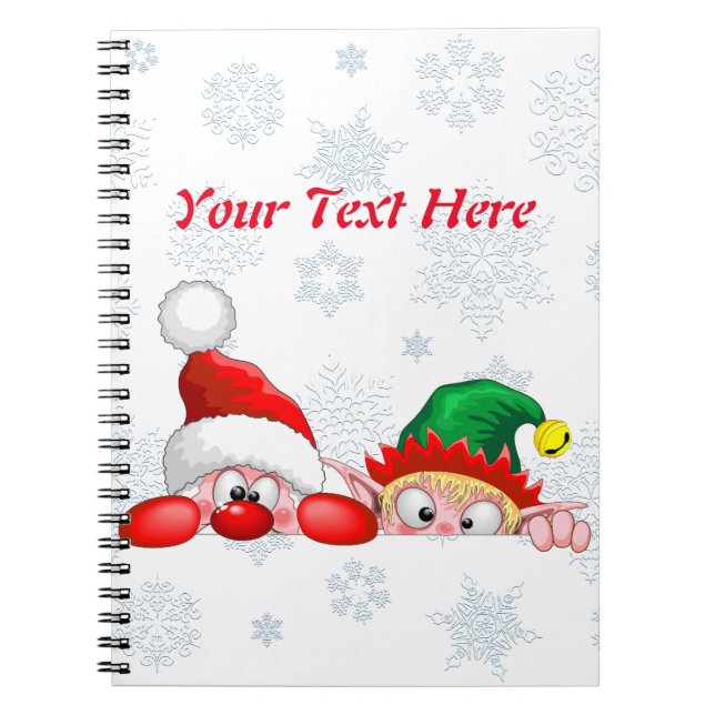 Santa and Elf Cute and funny Characters Peeking  Notebook (Front)