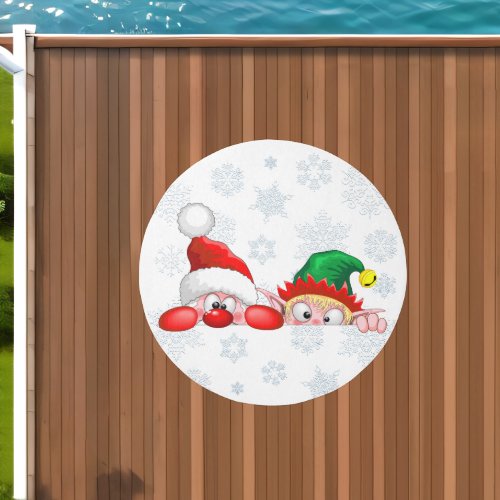 Santa and Elf Cute and funny Characters Peeking   Outdoor Rug