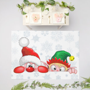 Santa and Elf Cute and funny Characters Peeking Outdoor Rug