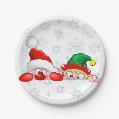 Santa and Elf Cute and funny Characters Peeking   Paper Plates