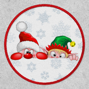 Santa and Elf Cute and funny Characters Peeking   Patch