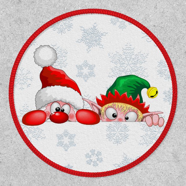 Santa and Elf Cute and funny Characters Peeking   Patch (Front)