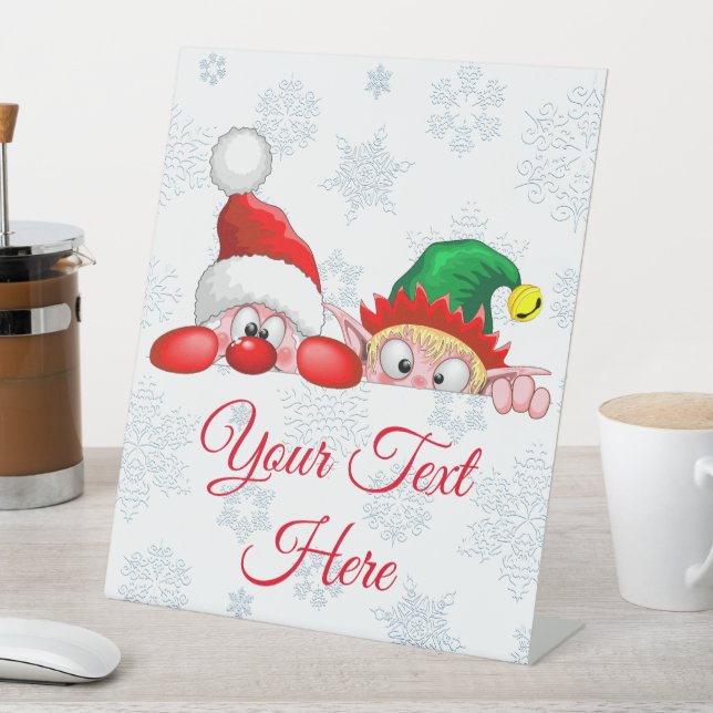 Santa and Elf Cute and funny Characters Peeking   Pedestal Sign (In SItu)