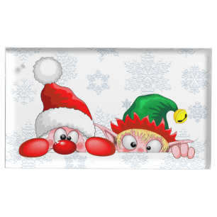 Santa and Elf Cute and funny Characters Peeking Place Card Holder